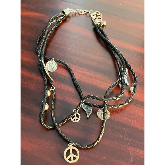 Y2K 3 Strand Black Faux Leather Necklace 18" Peace Sign Angel Wings Biker Core - Picture 2 of 4